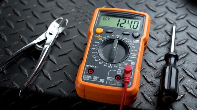 Industrial Multimeter and Tools on Diamond Plate - A close-up shot reveals an orange digital multimeter displaying "12.