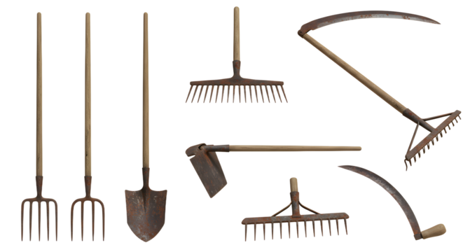 FARMING - Set of vintage farming tools including pitchforks, shovels, rakes, and hoes isolated on white background, perfect for agricultural and gardening projects