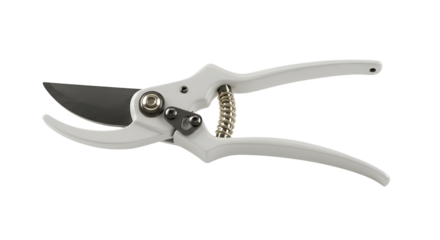 FARMING - White garden pruning shears with sharp curved blades isolated on white background, perfect for gardening and landscaping tasks