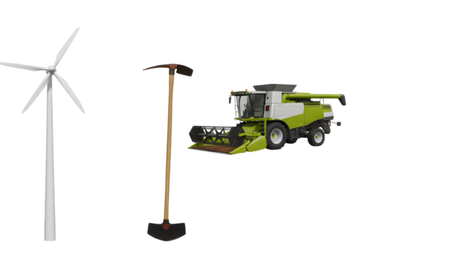 FARMING - Wind turbine, hoe, and modern harvester on white background representing renewable energy, agriculture, and farming tools