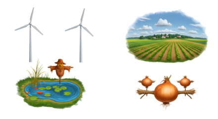 FARMING - Wind turbines and agricultural farm fields with scarecrow and onions, sustainable farming and renewable energy concept