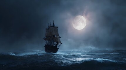 An ancient sailing ship navigates stormy seas under a luminous full moon creating a dramatic and atmospheric nautical scene