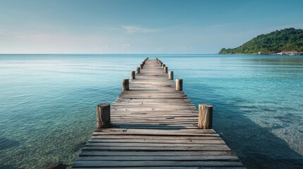 Fototapeta premium Tranquil Wooden Dock Extending into Serene Tropical Ocean Waters