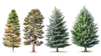 Four Evergreen Trees Illustration Set, Different Colors and Textures, Isolated on Transparent Background