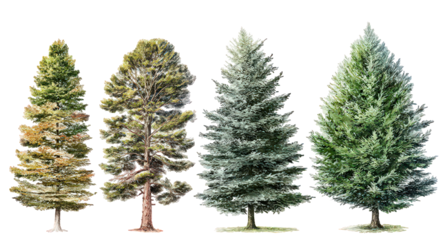 Four Evergreen Trees Illustration Set, Different Colors and Textures, Isolated on Transparent Background