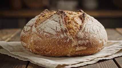 Artisan Sourdough Bread on Linen - A freshly baked artisan sourdough bread loaf rests on a linen cloth, dusted with flour. The rustic loaf is displayed on a dark wooden table.