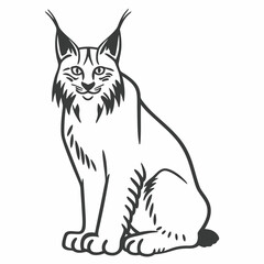 Obraz premium Illustration of a lynx with pointy ears and a short tail sitting upright in a black outline design