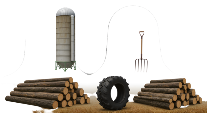FARMING - Stacked firewood, farm tire, pitchfork, and grain silo in rural outdoors, ideal for agriculture, farming, and rustic lifestyle concepts