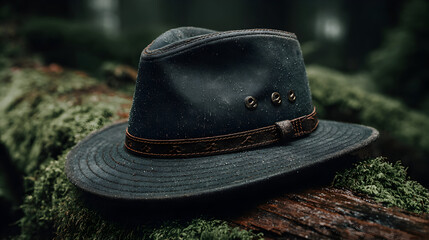 A dark gray felt fedora hat resting on mossy ground in a forest.