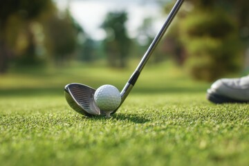 Golf Club Preparation to Strike a White Golf Ball on Grass