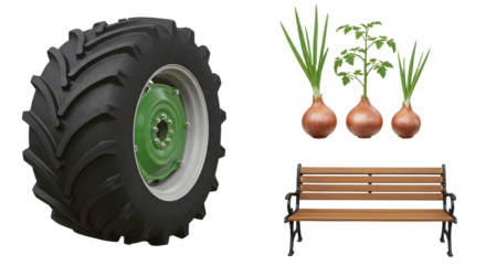 FARMING - Tractor tire, fresh onions with green leaves, and wooden park bench isolated on white background, agricultural and outdoor elements