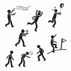A collection of black stick figure pictograms illustrating various human actions activities and life concepts.