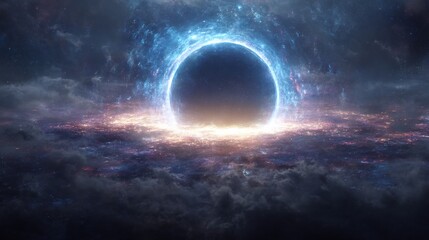 Abstract portal in space with glowing light and clouds, fantasy background
