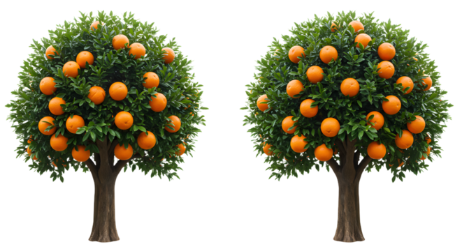 FARMING - Two orange trees with ripe fruit on branches isolated on white background, perfect for agricultural and tropical themes