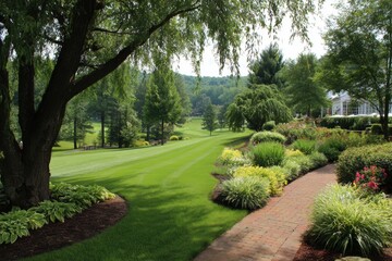 Fototapeta premium Lush Green Landscape with Vibrant Flowers and Serene Pathway