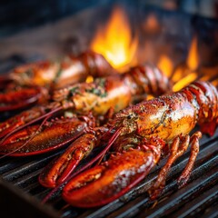 Grilled lobsters sizzling on a hot grill