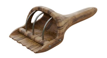 FARMING - Vintage wooden potato masher with metal wires isolated on white background, rustic kitchen utensil perfect for cooking and food preparation