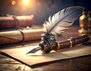 Antique quill pen on aged parchment
