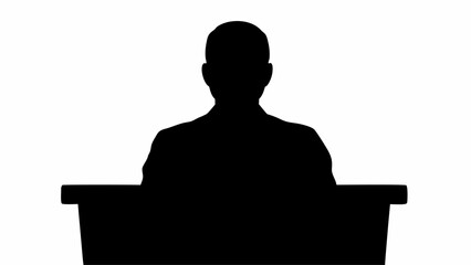 Silhouette of a person sitting at a desk with their back to the viewer against a white background scene