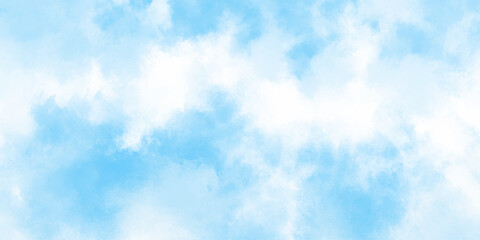 Blue sky with white clouds Abstract nature background of romantic summer. Sunny sky blue light watercolor aquarelle painting brush effect. Fantastic fuzzy and puffy blue sky for design.	