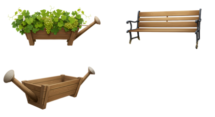 FARMING - Wooden garden planters with green plants and a wooden park bench isolated on white background, perfect for gardening or outdoor design projects