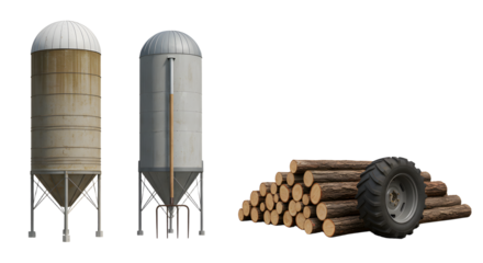 FARMING - Two large silos and a pile of cut logs with a tractor tire on white background, industrial storage and forestry equipment, perfect for agriculture or timber industry projects