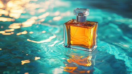 Elegant perfume bottle with amber liquid on a reflective surface.
