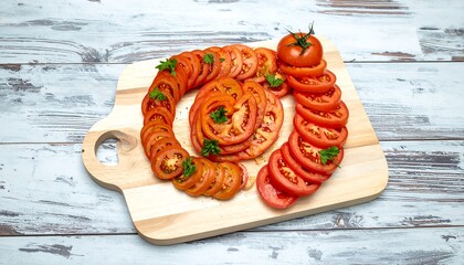 Sliced Tomatoes Arranged on Wooden Board