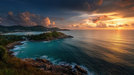 Serene Coastal Landscape at Sunset with Dramatic Sky and Waves
