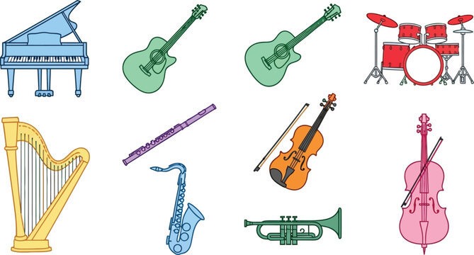 Colorful illustration of various musical instruments