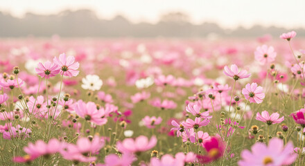 Fototapeta premium Pink and White Cosmos Flowers Blooming in Autumn Field