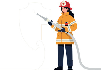Firefighter woman holding hose in orange uniform and red helmet standing ready for emergency response vector illustration