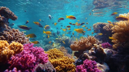 Fototapeta premium Vibrant Coral Reef Underwater Scene with Colorful Tropical Fish