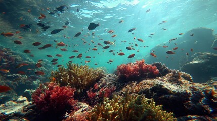 Fototapeta premium Underwater Scene with Colorful Coral Reef and Vibrant Fish Life