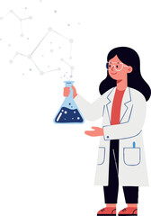 Female scientist holding flask with chemical molecular structure in modern laboratory vector illustration