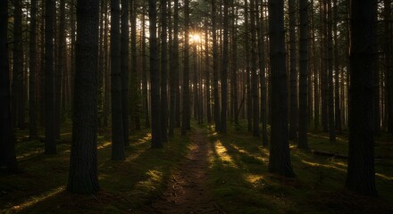 Fototapeta premium Forest Path Design Sunlit Trail Through Dark Pines