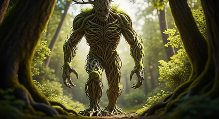 Naklejka premium Majestic ancient tree spirit guardian stands sentinel in mystical sunlit forest clearing