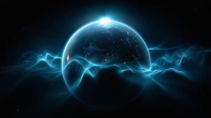 A glowing blue planet in space surrounded by electric blue energy wisps and a bright glow at the top.