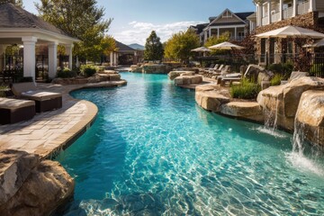 Serene Outdoor Pool Surrounded by Rocks and Lush Greenery in Resort