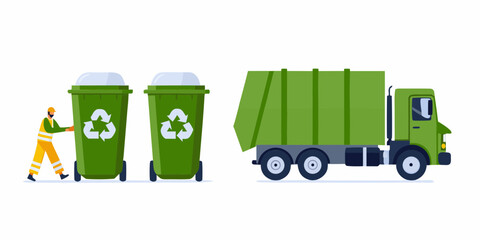 Sanitation worker pushing recycling bins towards a green garbage truck on a white background