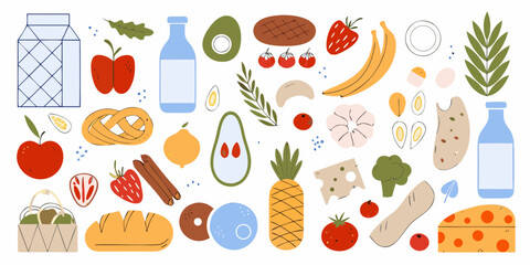 A vibrant and colorful flat illustration of various food items and groceries arranged in a playful pattern