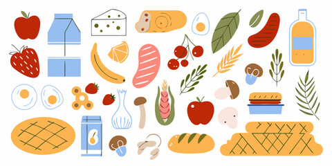 A vibrant collection of delicious food items and ingredients presented in a flat illustrative style