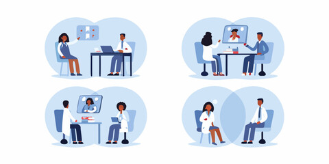 Diverse medical professionals collaborating and consulting in various healthcare settings and virtual meetings