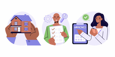 Real estate transaction process showing house approval and key handover with checklist and approved document