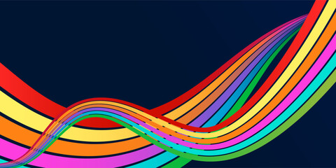 Modern vintage poster with abstract vector design in the form of rainbow stripes on a dark background. Retro-futuristic wavy lines in full color spectrum for poster design, banner templates, retro-mod