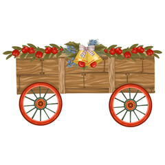 A hand-drawn vector illustration of a decorated wooden wagon with a holiday garland of bells and berries. A perfect element for your festive winter designs.