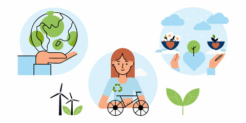 Diverse eco friendly concepts illustrated with a woman planet earth wind turbines and nature symbols