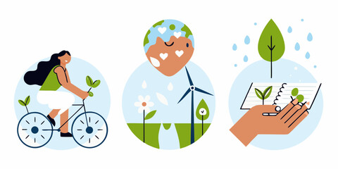 Illustration of sustainable living with a woman cycling earth with wind turbine and hands planting a seedling
