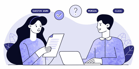 Two people collaborating on a project with a laptop and documents symbolizing teamwork and problem solving