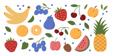 A vibrant collection of assorted fresh fruits and berries arranged in a playful pattern